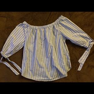 Off the shoulder white and blue striped shirt
